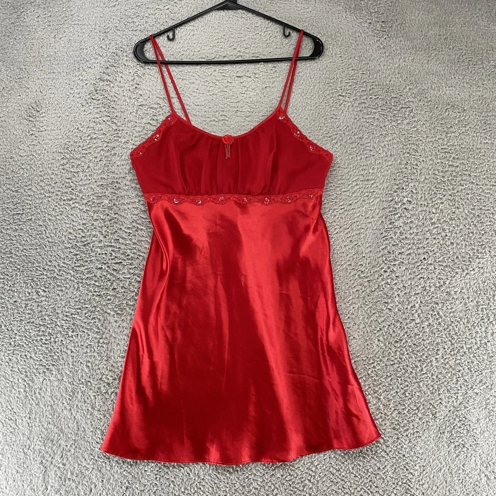 Vintage Slip Dress Womens Medium Red Satin Romantic Babydoll Nightie Valentines